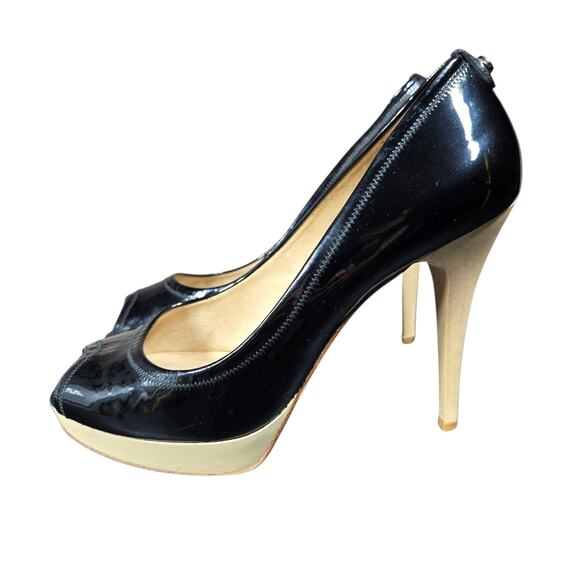 Stuart Weitzman Heels Women 9.5 Peep Toe Black Patent Leather Pumps Dress Formal - Picture 3 of 12